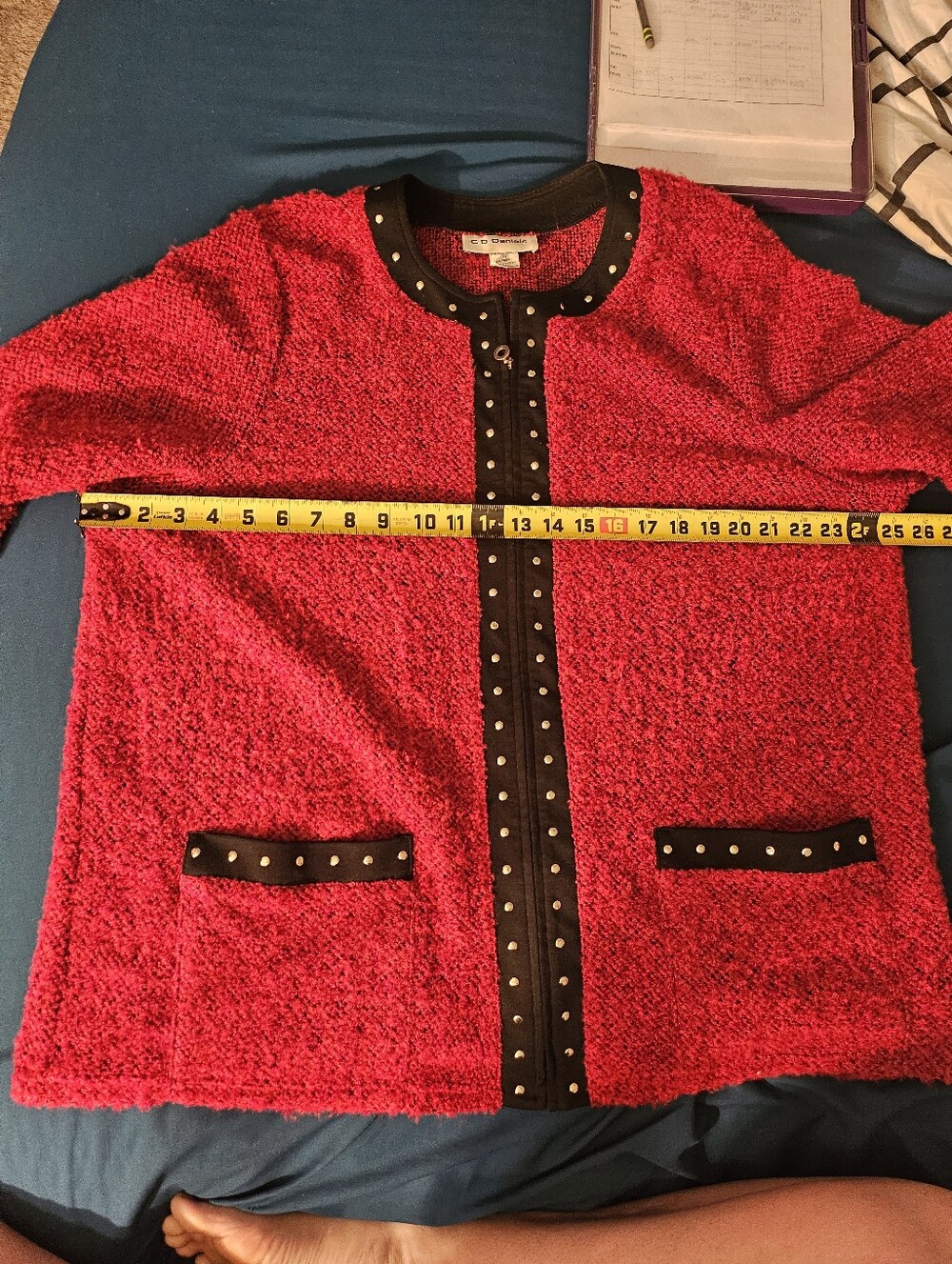 Cathy Daniels Womens Jacket/sweater Red Black Full Zip Pockets Collarless Xl - Picture 4 of 7